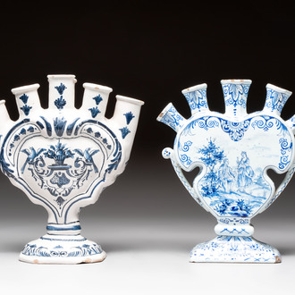 Two blue and white Delftware tulip vases, The Netherlands and France, 18/19th C.