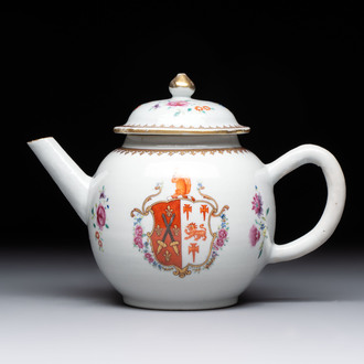 A Chinese famille rose armorial teapot with the arms of Barrow impaling Dighton for the English market, Qianlong, ca. 1755