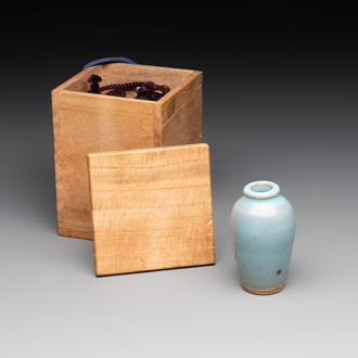 A Chinese blue-glazed 'jun' miniature vase with a wooden box, Song/Yuan