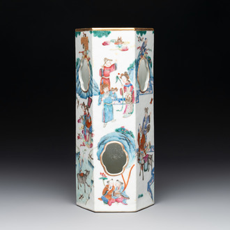 A Chinese famille rose hexagonal hat stand with narrative design, Tongzhi mark and of the period