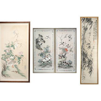 Four Chinese school paintings: 'Magpie', 'Cranes' and 'Bamboo', ink and colour on paper, signed Yutianshi 雨田氏, dated 1919