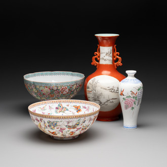 A Chinese grisaille-decorated coral red-ground vase, a famille rose eggshell vase and two bowls, Qianlong mark, 20th C.