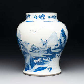 A Chinese blue and white vase with four sages in a mountainous landscape, Kangxi