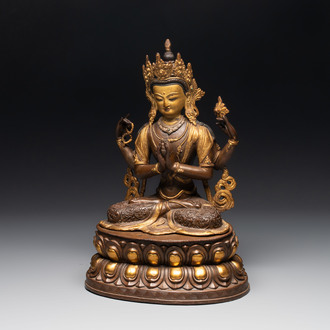 A Tibetan or Nepalese turquoise-inlaid partly-gilt bronze figure of White Tara, 20th C.