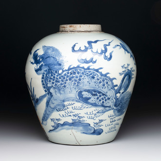 A Chinese blue and white 'qilin' jar, Transitional period