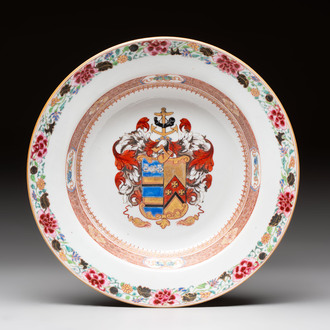 A Chinese famille rose armorial soup plate with the arms of Mertins impaling Peck for the English market, Yongzheng, ca. 1725