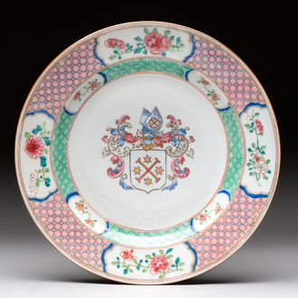 A Chinese famille rose armorial soup plate with the arms of Mellot for the Dutch market, Yongzheng, ca. 1733-1735