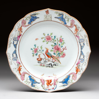 A Chinese famille rose armorial soup plate with the arms of Drake for the English market, Qianlong, ca. 1750