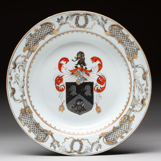 A Chinese armorial soup plate with the arms of Saunders for the English market, Qianlong, ca. 1745