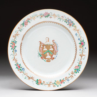 A Chinese famille rose armorial dish with the arms of William Ellis for the English market, Qianlong, ca. 1755
