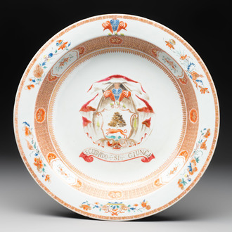 A large Chinese famille rose armorial basin with the arms of Lambert for the English market, Kangxi/Yongzheng, ca. 1722