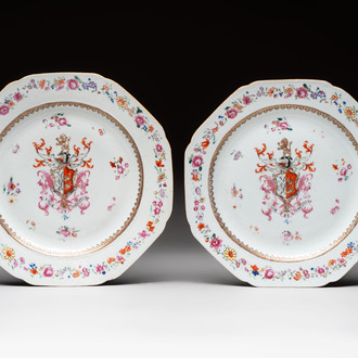 A pair of Chinese famille rose armorial plates with the arms of Mills impaling Hatch for the English market, Qianlong, ca. 1745