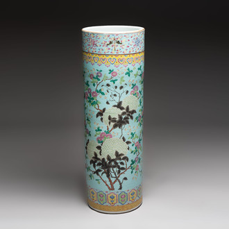 A massive Chinese famille rose turquoise-ground cylindrical vase with floral design, 19th C.