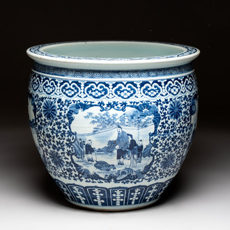 A Chinese blue and white fish bowl with narrative design, 19th C.