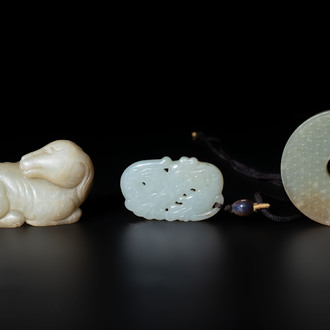 Three Chinese celadon jade carvings, 19/20th C.