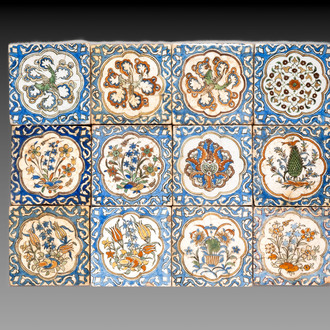 12 polychrome Kubachi pottery tiles with floral design, Dagestan, 19th C.