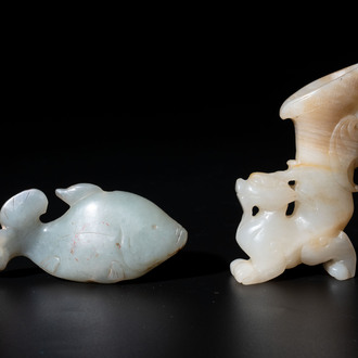 Two Chinese celadon, white and russet jade carvings, 18/19th C.