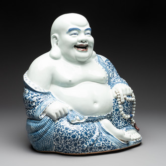 A large Chinese blue, white and copper-red Milefo Buddha, Zhu Mao Ji 朱茂記造 mark, 20th C.