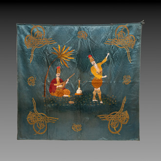 A rare and fine Ottoman oil-painted and embroidered silk panel depicting Basi Bozuic, 18/19th C.