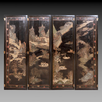 A Chinese Coromandel lacquered four-panel folding screen with mountainous landscapes, 17/18th C.