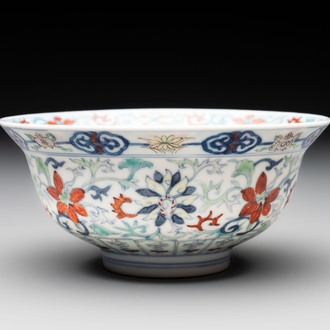 A Chinese doucai 'flower scroll' bowl, Yongzheng mark, 19/20th C.