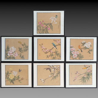 A collection of seven Chinese school paintings: 'Birds, butterflies and flowers', ink and colour on silk, various signatures, 20th C.