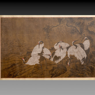Chinese school: 'Eight cranes under a pine tree', ink and colour on silk, probably Qing