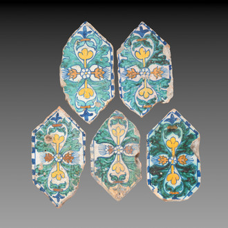 Five polychrome hexagonal tiles, Italy, 16th C.