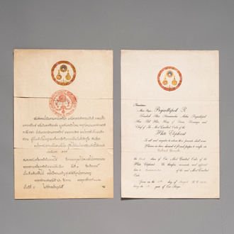 A bilingual Royal Thai Order of the 'White Elephant Award', signed by King Prajadhipok (Rama VII), dated 1929