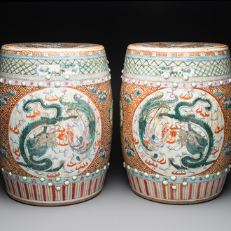 A pair of Chinese famille rose 'dragon and phoenix' garden seats, 19/20th C.