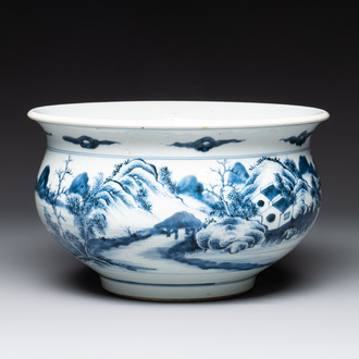 A Chinese blue and white 'riverscape' censer, 18th C.