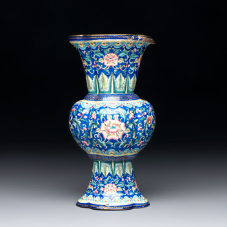 A Chinese Canton enamel blue-ground quadrifoil vase, Jaiqing