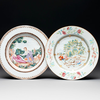 A Chinese famille rose plate depicting a scene from a fable by La Fontaine and a 'Shepherds' plate, Qianlong