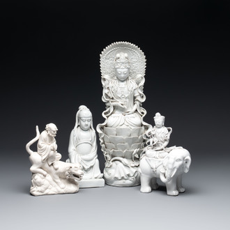 Four Chinese Dehua blanc de Chine figures, He Chaozong 何朝宗 mark, 20th C.