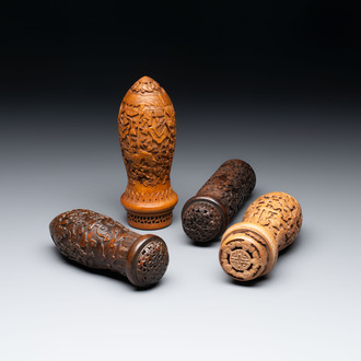 Four Chinese carved wooden cricket cages, 20th C.