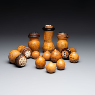 Six Chinese gourd cricket cages and seven carved gourds, 20th C.