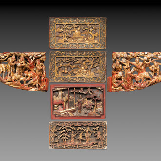 Six Chinese gilt and lacquered wooden panels, 19th C.