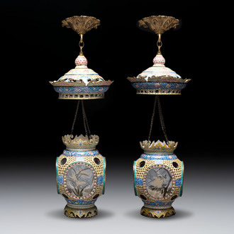 A very rare pair of Chinese Canton enamel lanterns with reverse painted glass panels, Qianlong