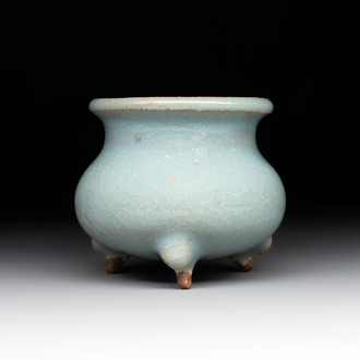 A small Chinese blue-glazed 'jun' tripod censer, Jin/Yuan