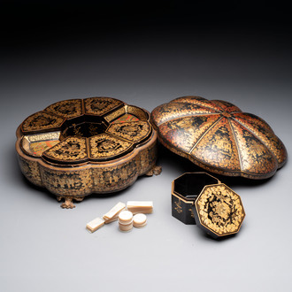 A Chinese Canton gilt-lacquered box and cover, incl. mother-of-pearl accessories, 19th C.
