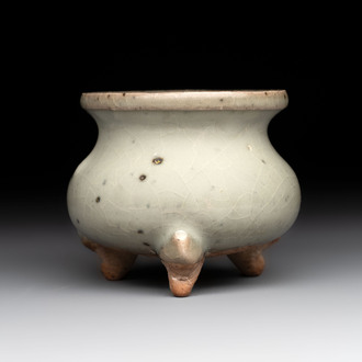 A small Chinese green-glazed 'jun' tripod censer, Hebi, Song/Yuan