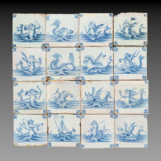 16 blue and white 'sea creatures' and 'ship' tiles, Ghent, 18th C.