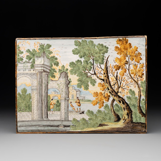 A polychrome Italian plaque with ruins in a landscape, Castelli, early 18th C.