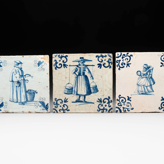 Three blue and white Dutch Delft 'ladies' tiles, 17th C.