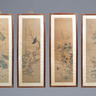 Chinese school: 'Four works with birds and insects near blossoming branches', ink and colour on paper, Republic