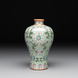A Chinese celadon-ground famille rose 'meiping' 'flower scroll' vase, Qianlong mark and of the period