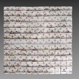 144 manganese Dutch Delft tiles, 18th C.
