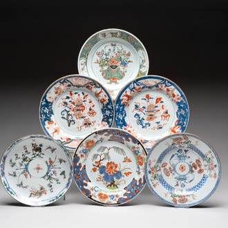 Six Chinese famille verte and Imari-style plates, Kangxi/Yongzheng