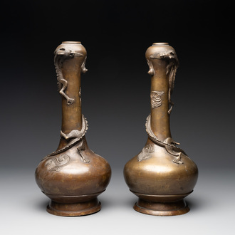 A pair of Chinese or Vietnamese gold-splashed bronze garlic-mouth 'dragon' vases, with seal mark, 17/18th C.