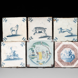 Six blue, white and polychrome Delftware tiles, The Netherlands/Germany, 17/18th C.